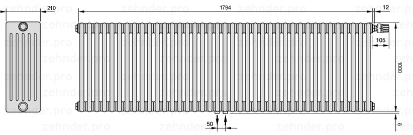 Схема (чертеж) Радиатор Zehnder Charleston 6100/39 №V008 Белый глянцевый RAL 9016